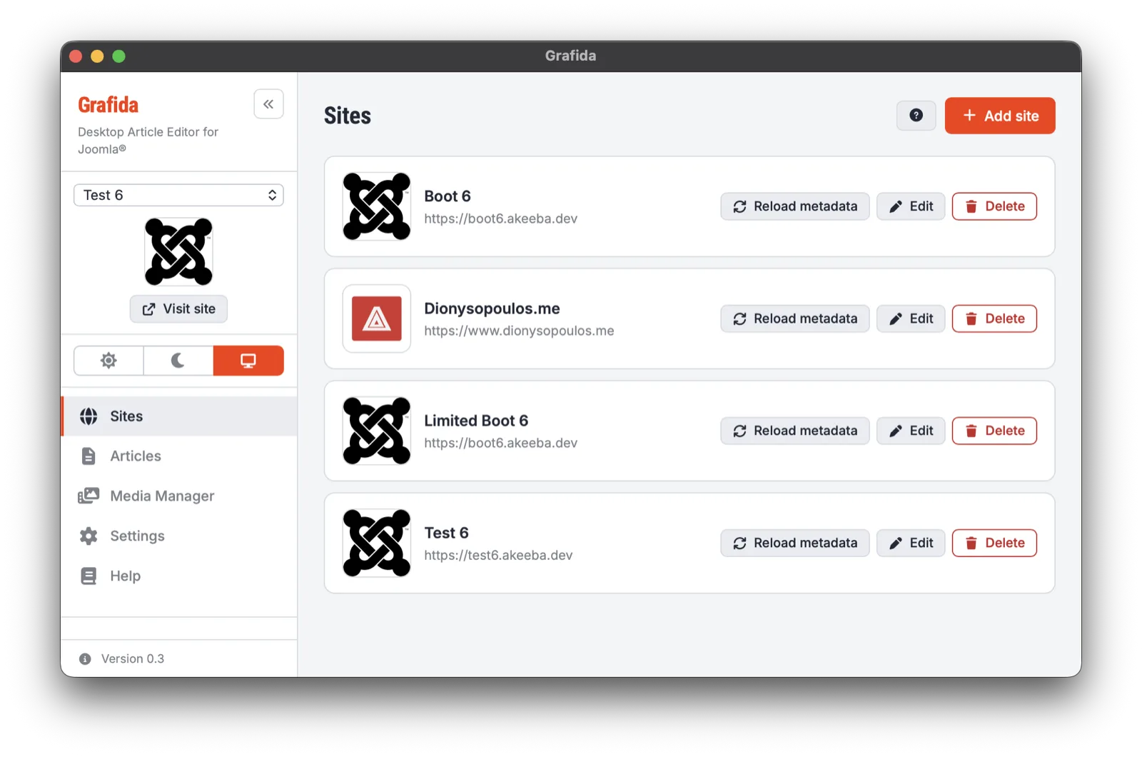 Managing multiple Joomla sites in Grafida Desktop